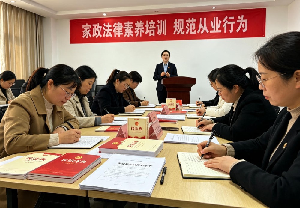 家政从业人员法律素养专题培训现场，讲师开展家政普法授课，学员认真学习家政服务法律知识
